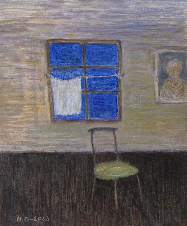 Hilkka Okkonen, Kotona, akryyli kankaalle, 50x60 cm, 2023
